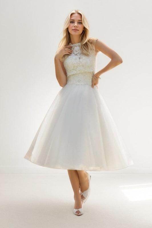 A-Line Tea Length Lace Tulle Wedding Dress CW3429 - COCOMELODY